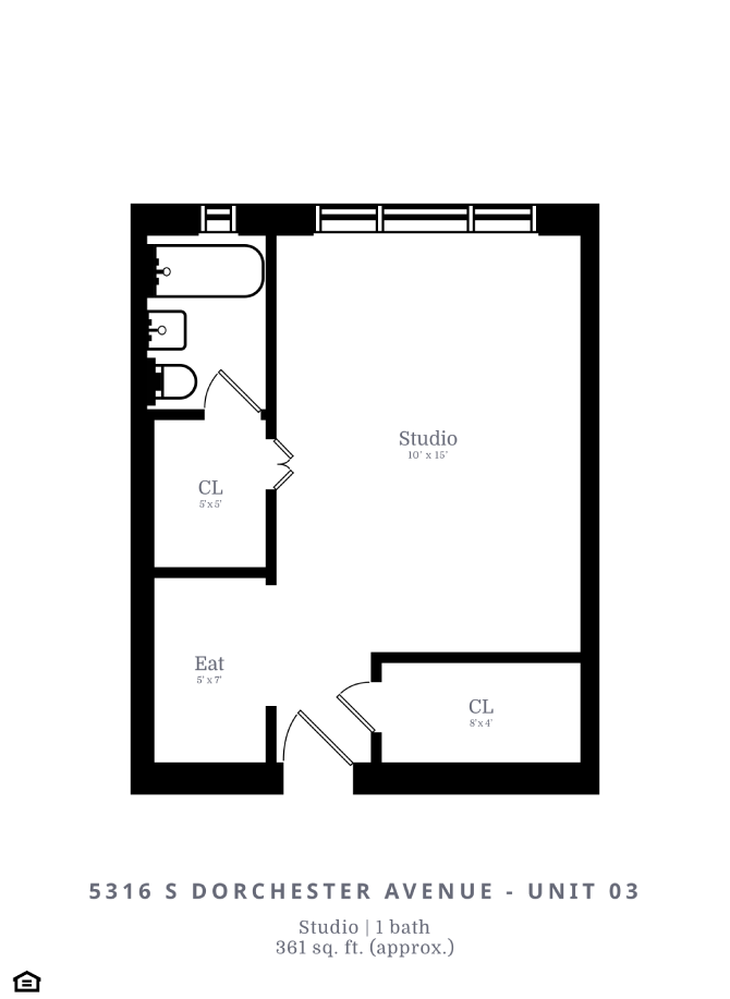 Floor plan for studio, 1 bath, 361 sqft
